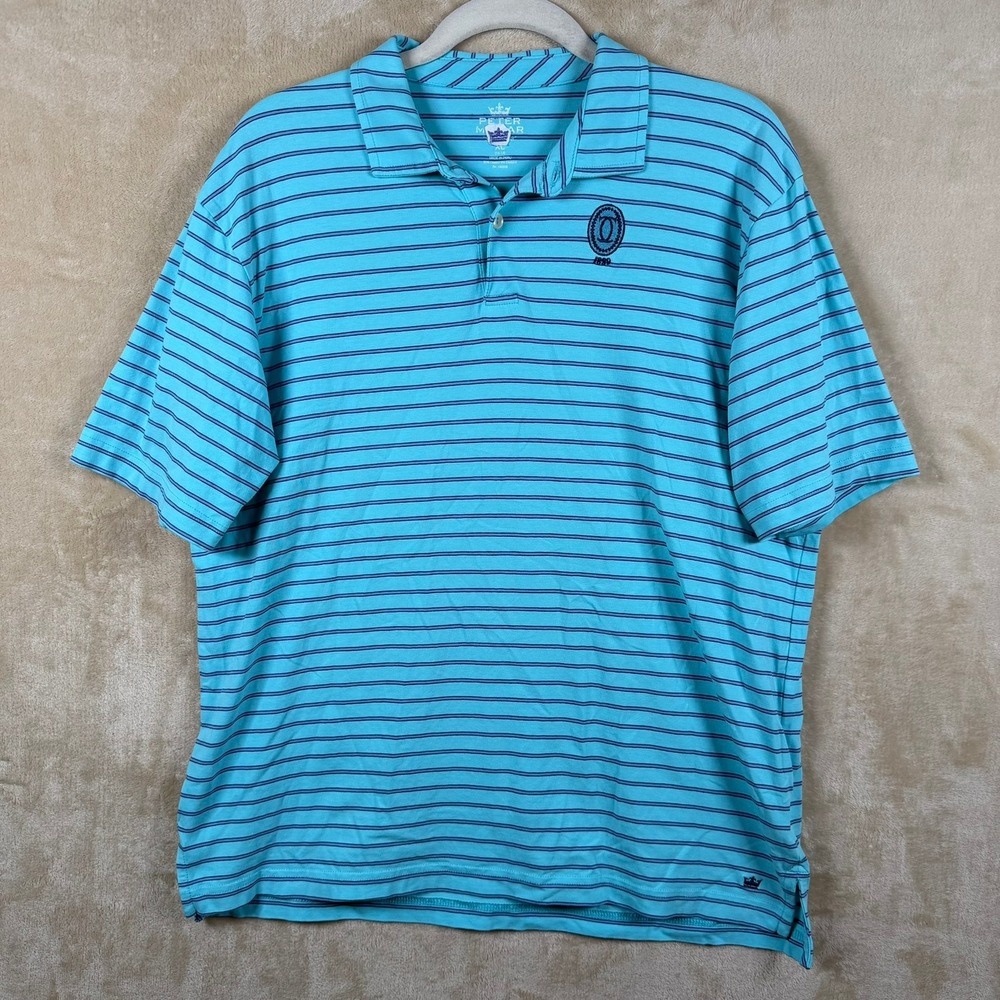 Peter Millar Mens XL‎ Turquoise Blue Navy Striped Polo Shirt Performance